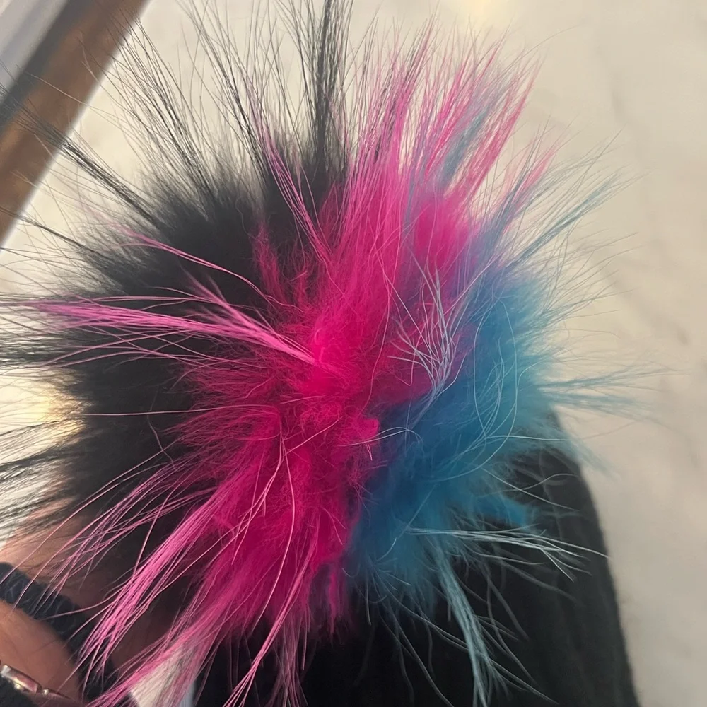 Bari Lynn Black Knit Beanie Hat with Rainbow Faux Fur Pom One Size Winter EUC